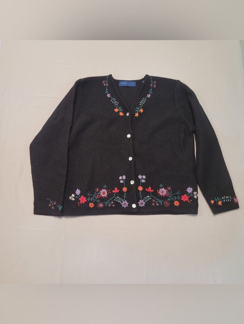 Karen Scott Wool Embroidered Floral Cardigan Sweater Cottage Core Womens Large